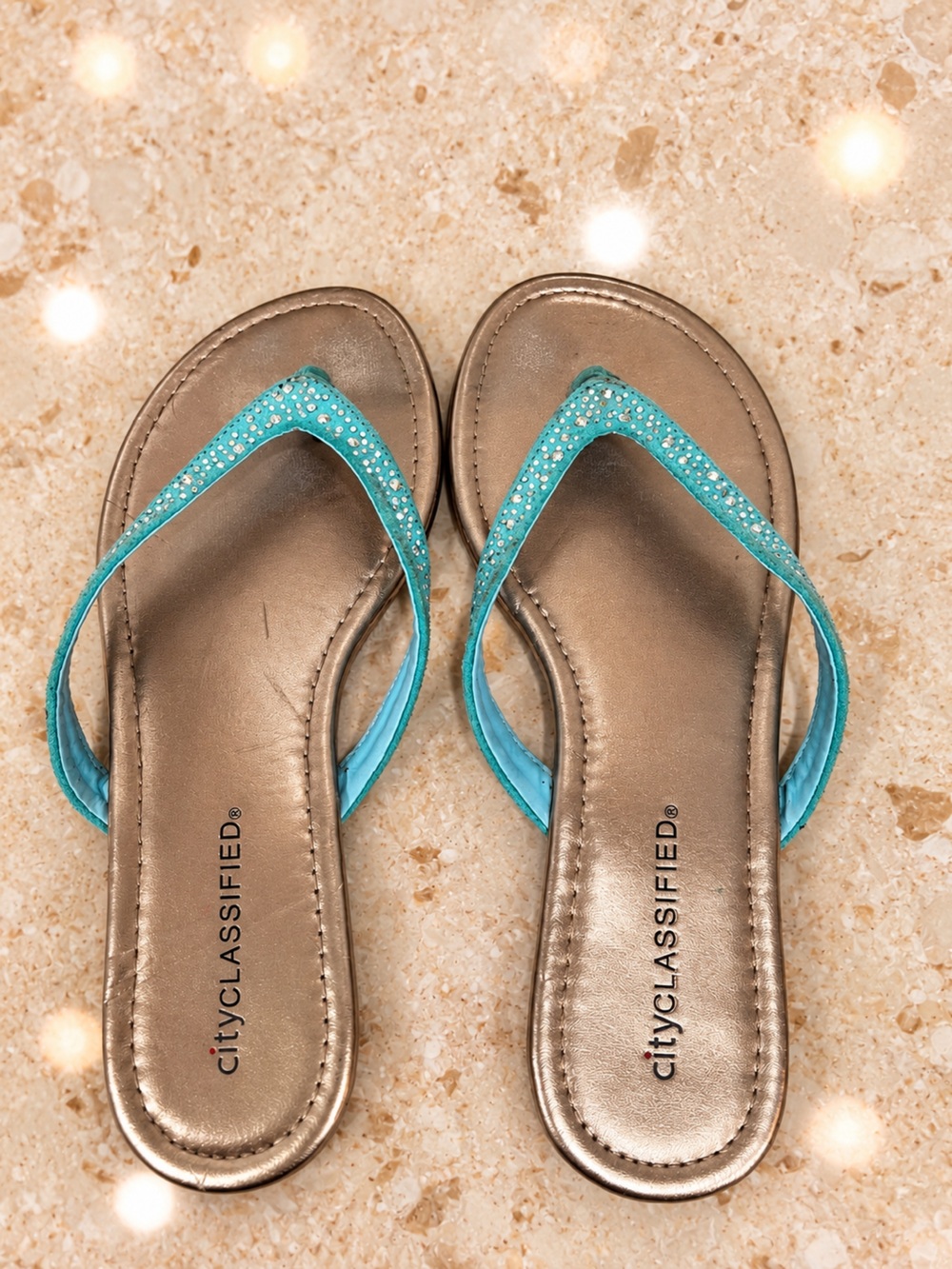 Cityclassified Turquoise Rhinestone Flip Flop Sandals for Women Size-8